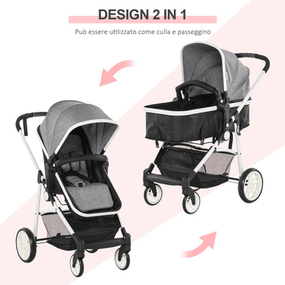 Pram 2 in 1 stroller, for children 0-36 months up to 15kg, folding and adjustable Grey - Borgè