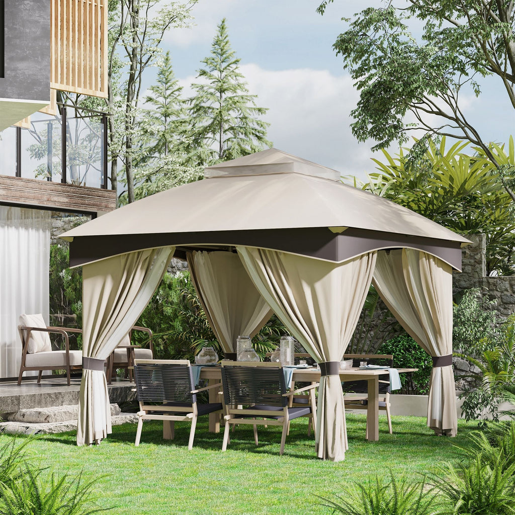 3x3m Steel Garden Gazebo with Double Roof and Curtains, Beige and Grey - Borge' Group Limited