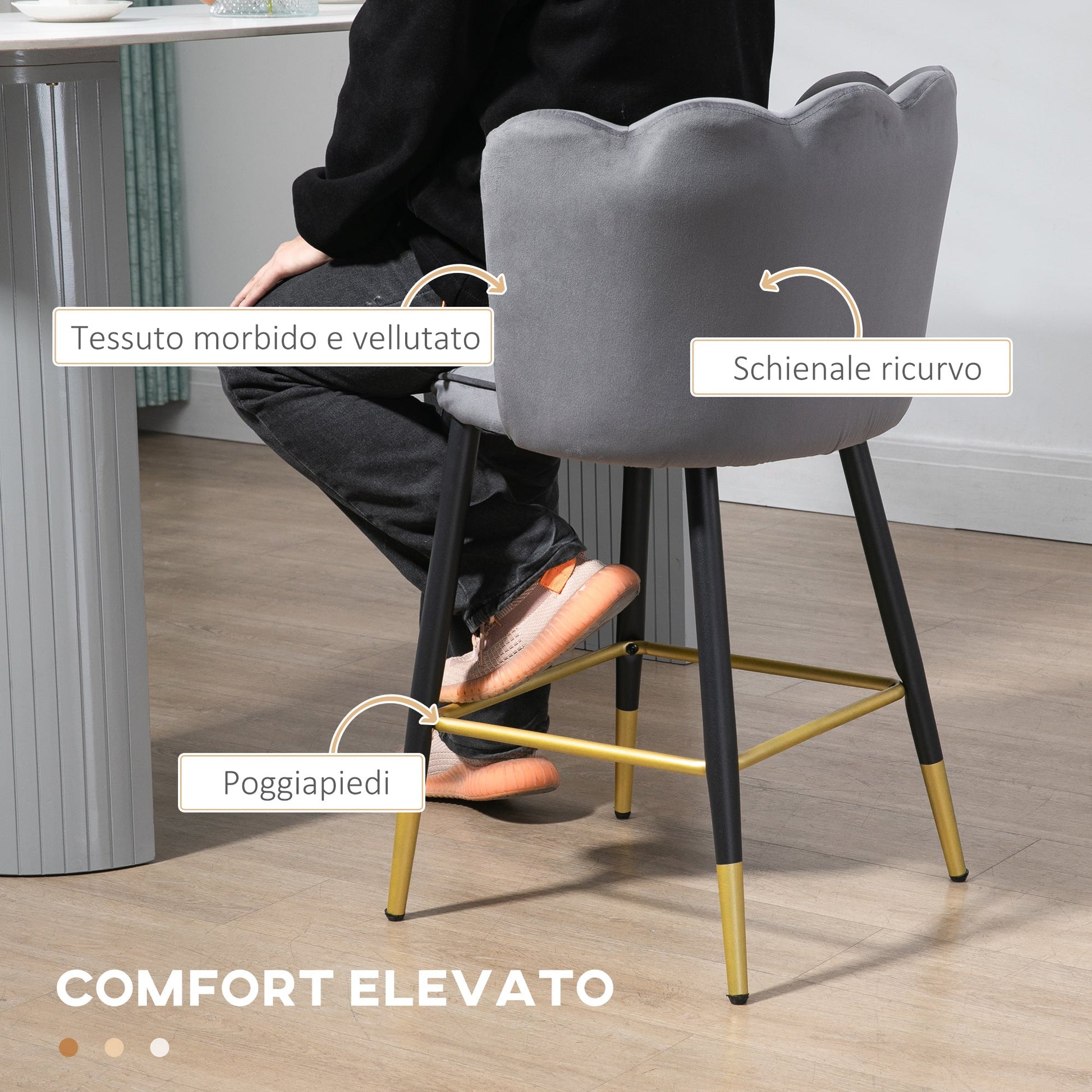 Homcom set with 2 stools from velvety bar with footrest and steel base, 59x52x90cm, Grey - Borgè