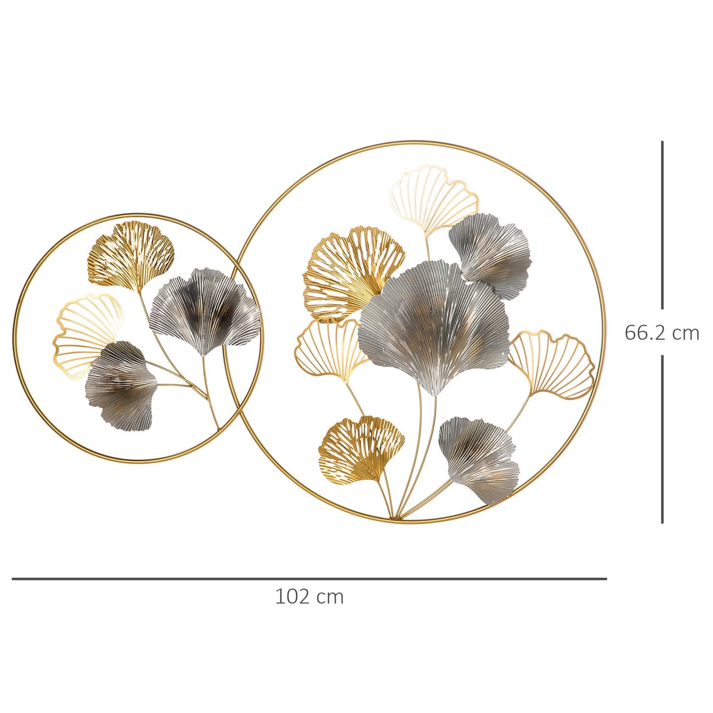 Metal Wall Decoration 3D, golden wall art with ginkgo in two round frames, 138x70 cm, gold and silver - Borgè