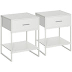 Modern bedside table set 2 pieces with drawer and open shelf, in mdf and steel, 45x40x60cm, white - Borgè