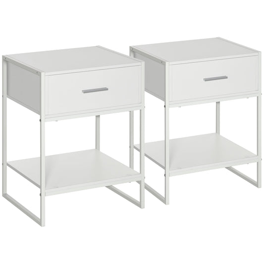 Modern bedside table set 2 pieces with drawer and open shelf, in mdf and steel, 45x40x60cm, white