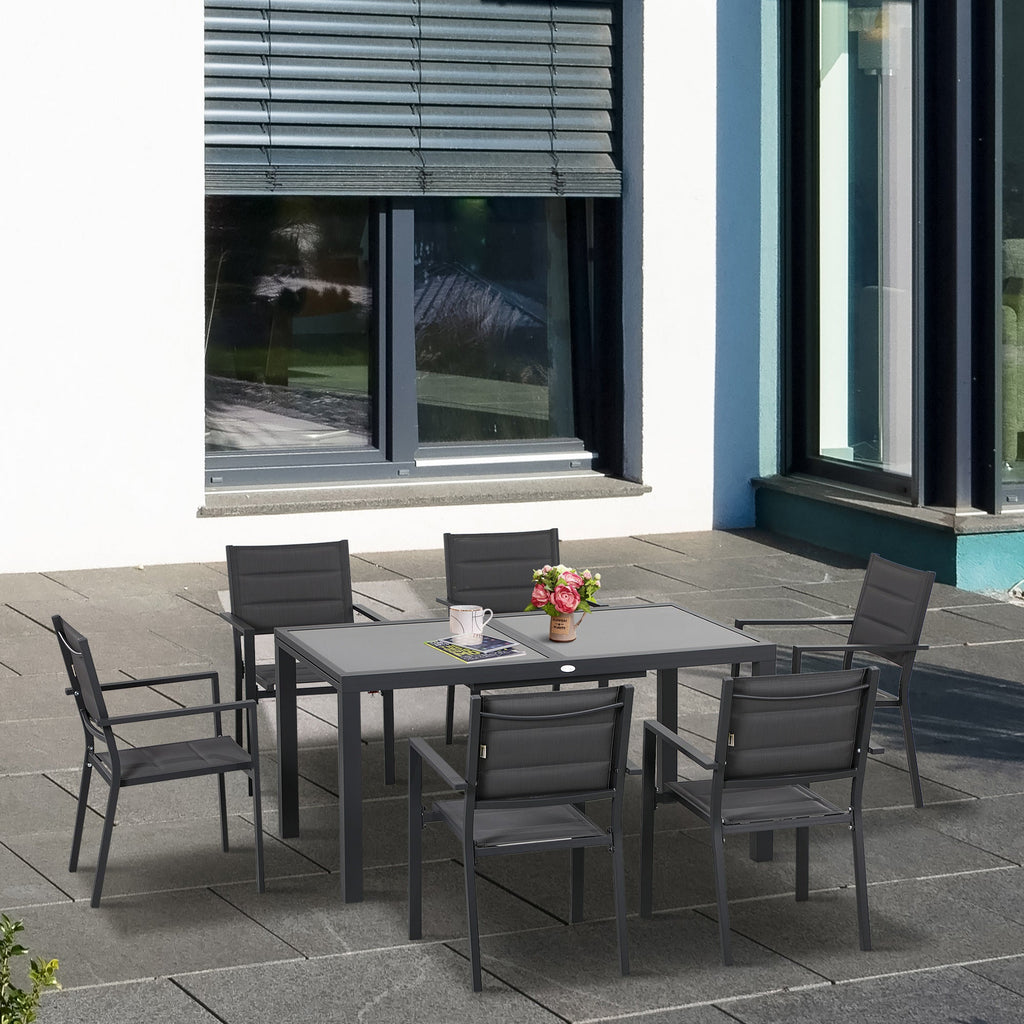 Extendable Glass Table and 6 Chairs Garden Set with Breathable Seat, Dark Grey - Borge' Group Limited