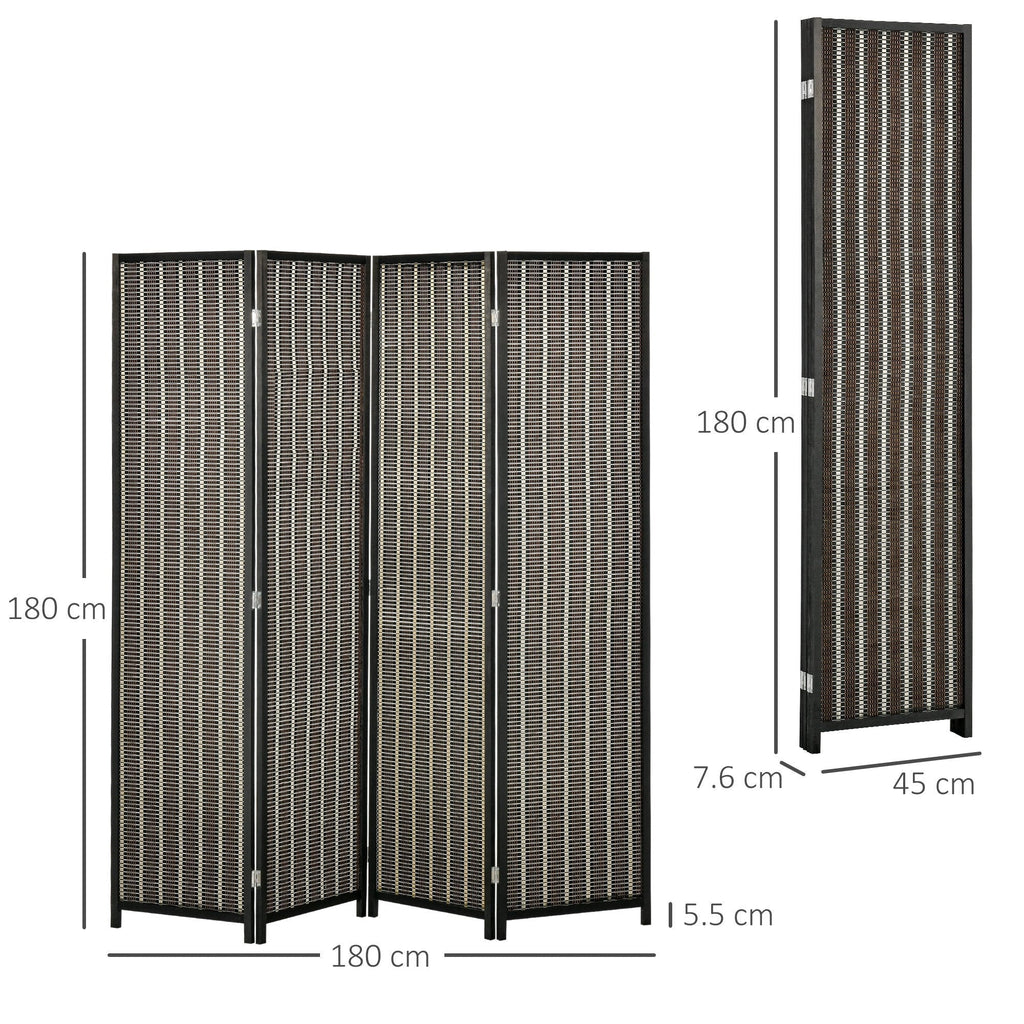Indoor Room Divider, 4-Panel Folding Screen, Wooden and Bamboo Room Divider, 180x180x1.9cm, Black and Brown - Borgè