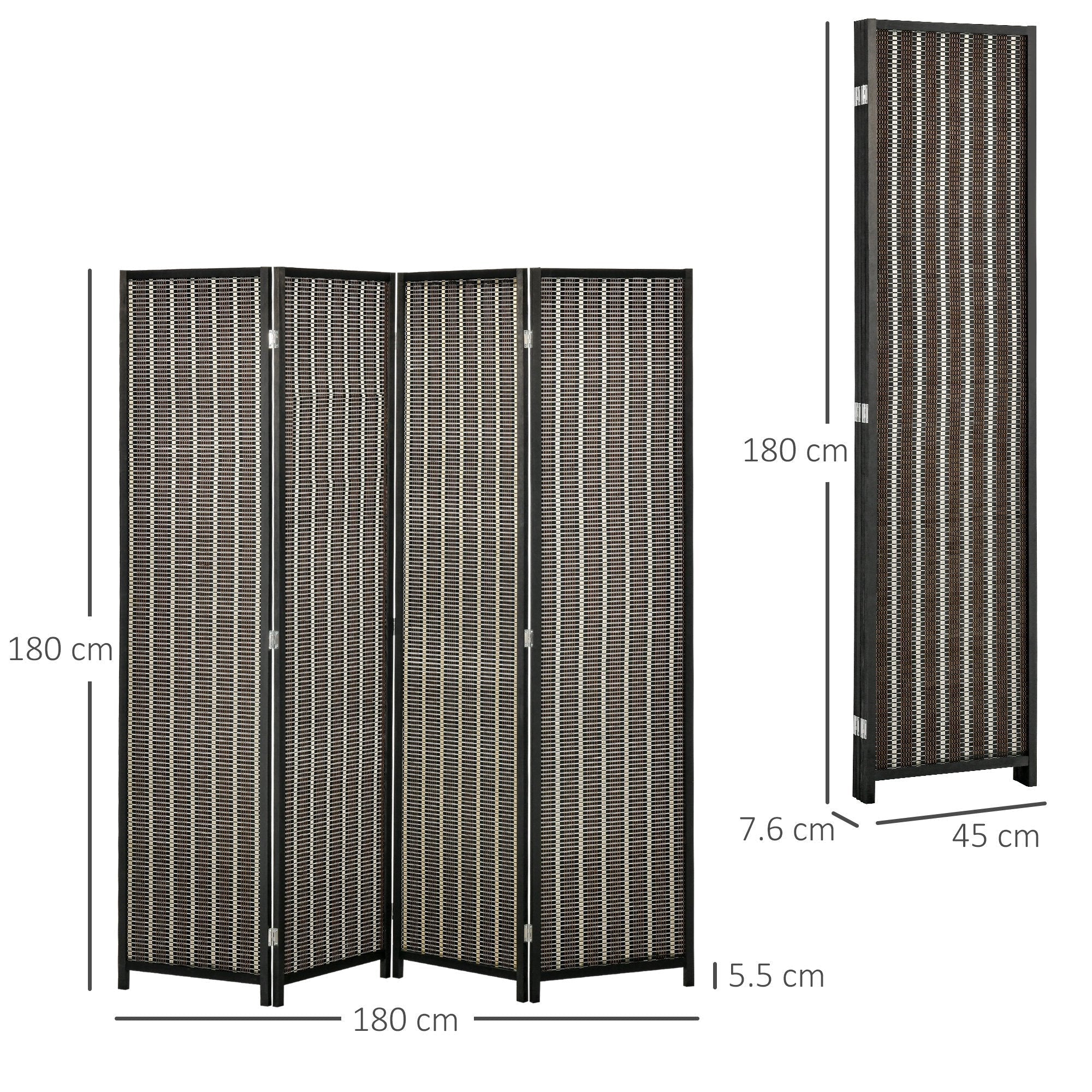 Indoor Room Divider, 4-Panel Folding Screen, Wooden and Bamboo Room Divider, 180x180x1.9cm, Black and Brown - Borgè