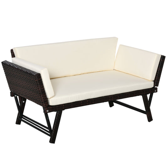 Rattan 2 Seater Garden Sofa-Bed with White Cushion (129x66x67cm) | Outsunny - Borgè