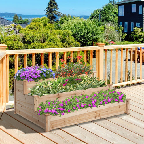3-Tier Natural Wood Raised Garden Bed, Outdoor Planter, 120x120x56cm - Borge' Group Limited