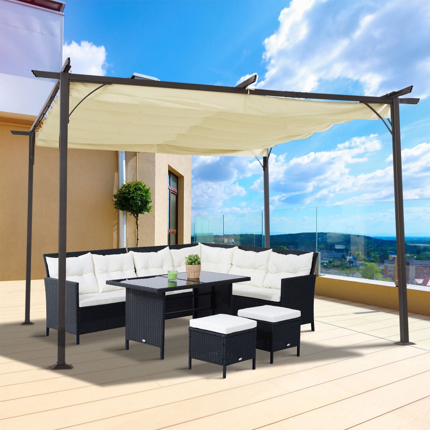 MISSES | Garden Pergola with Retractable Parasol, Black Frame, and Beige Canopy (350 x 350 x 230cm) - Borgè