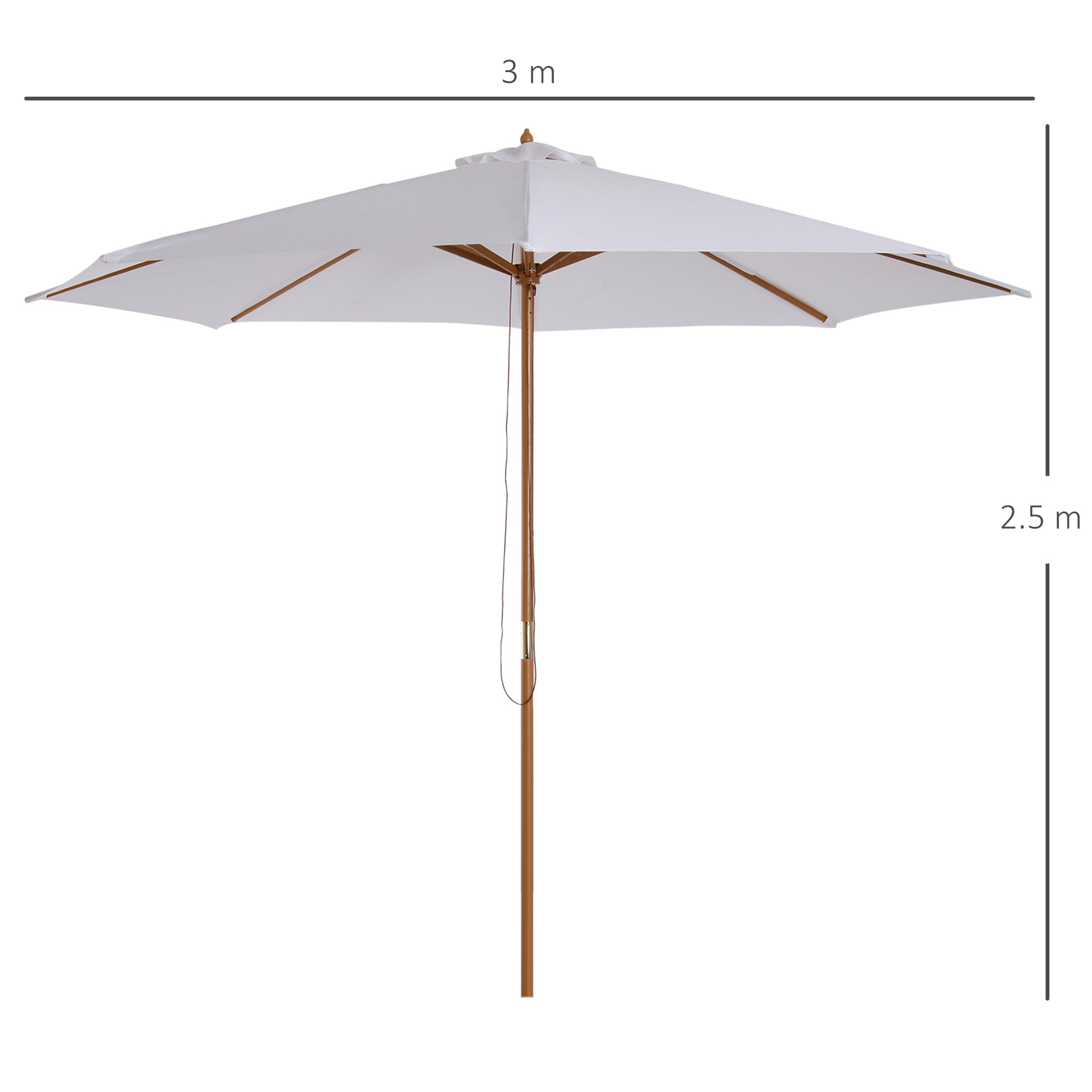 3x2.5 m Garden Umbrella with 8-Ribbed Wooden Pole, Made of Bamboo, Wood and Polyester, White - Borge' Group Limited