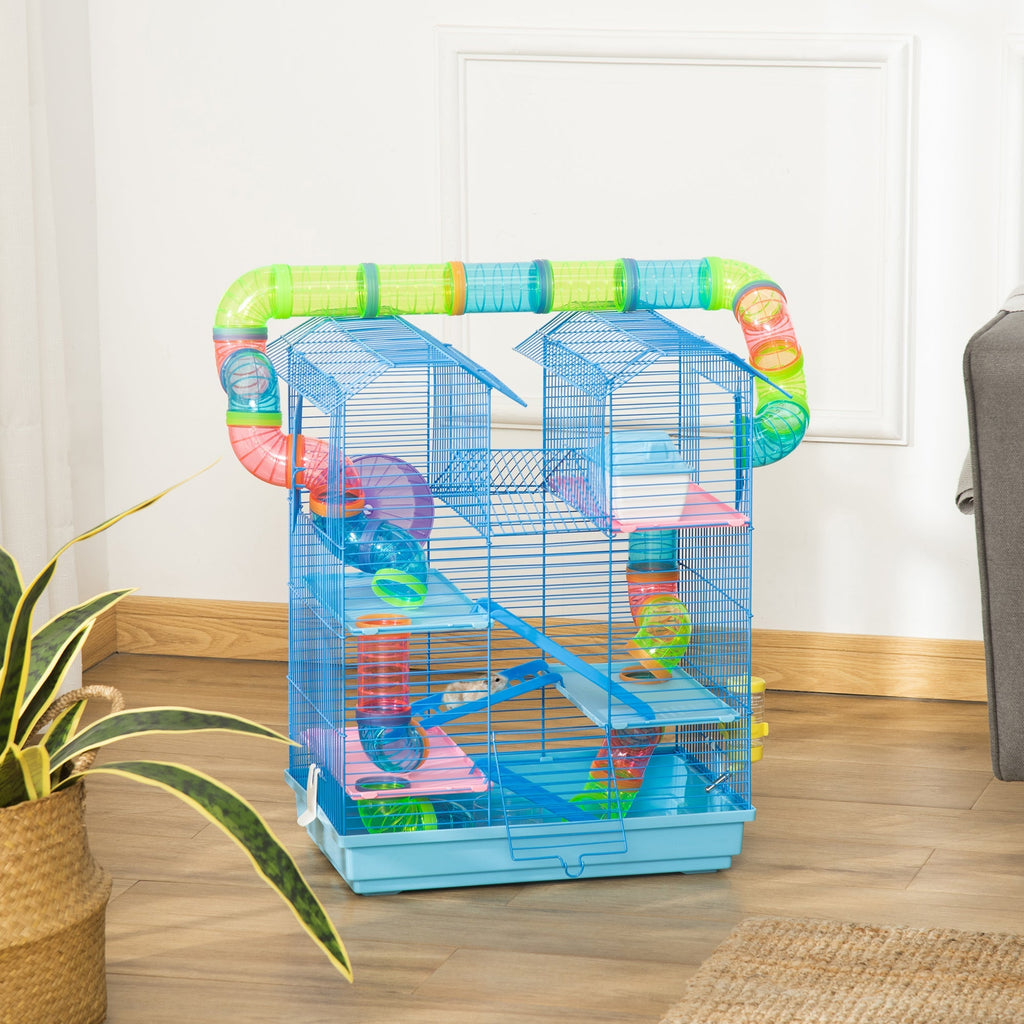 Pawhut for hamsters and 5 -storey rodents with colored pipes, wheel, small house and accessories included, blue, 47x30x59cm - Borgè
