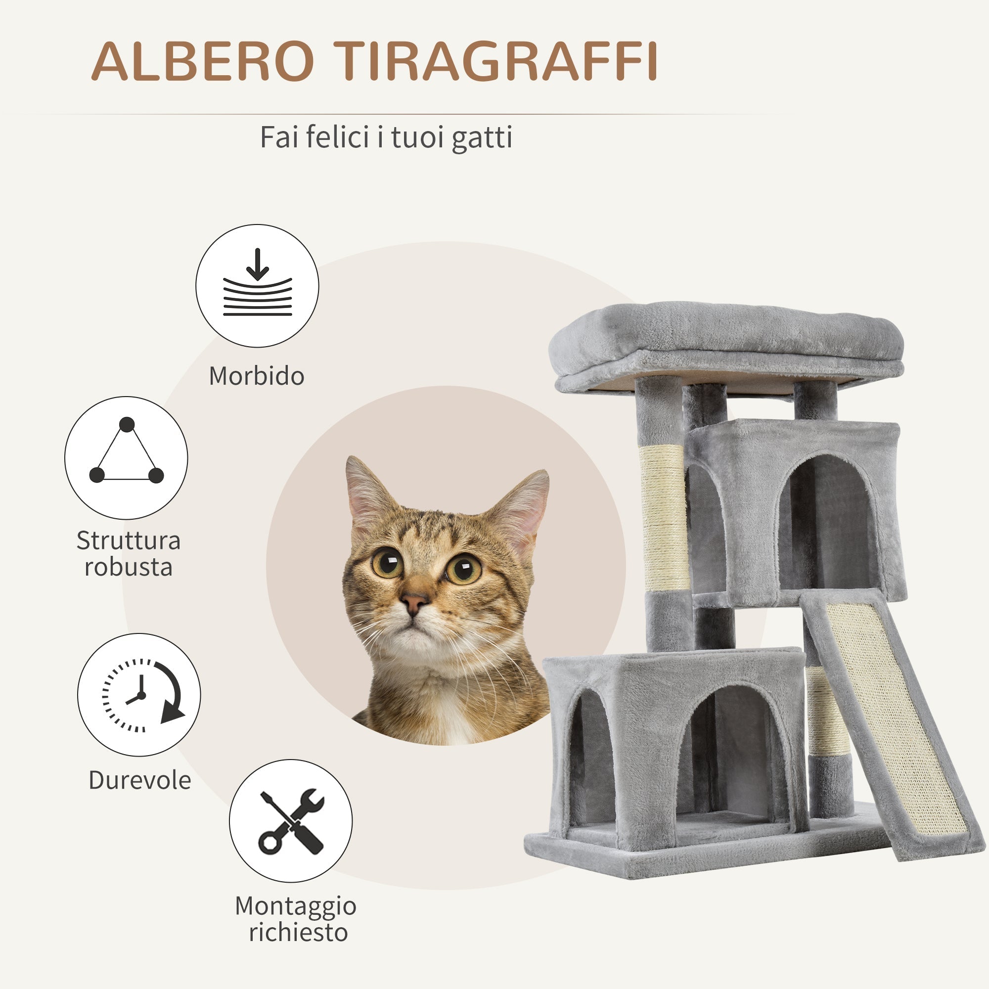 Cat Tree with Sisal Poles, Bed and 2 Houses, 59x39x83cm, Grey - Borge' Group Limited