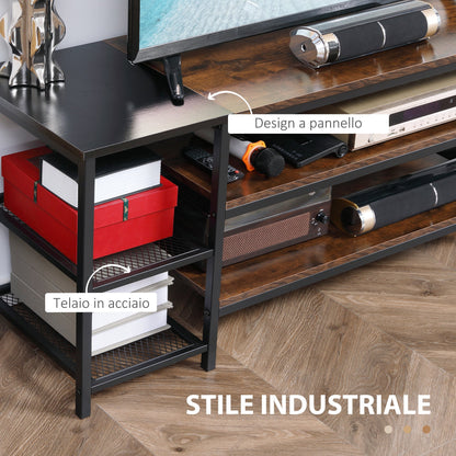 Modern TV Mobile for TV up to 65 "with 6 open shelves, in steel and chipboard, 140x40x50 cm, brown and black - Borgè