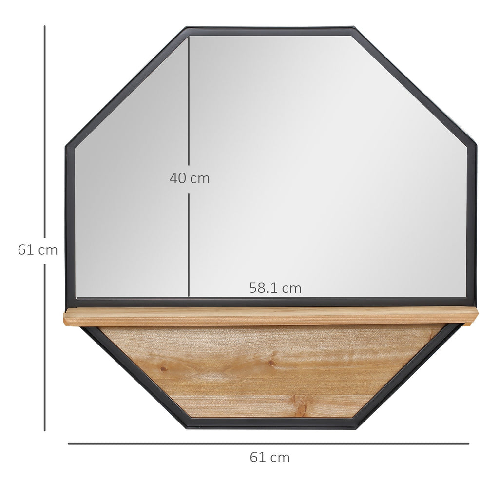 octagonal metal wall mirror with wooden shelf, 61x61cm black - Borgè