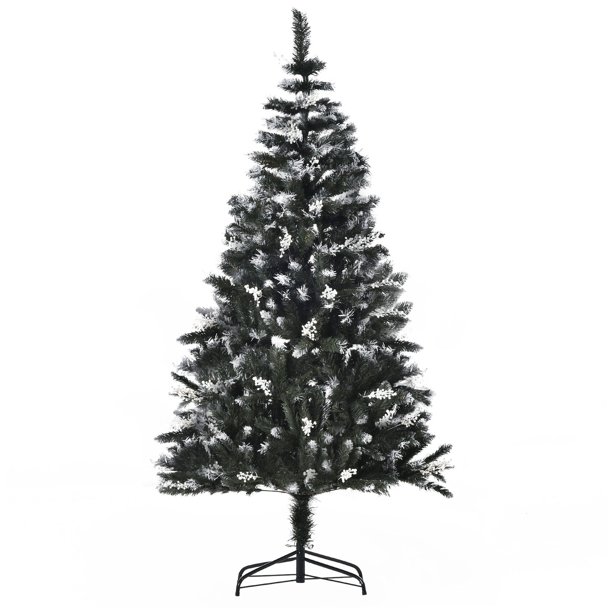 Christmas Tree with Snow Effect | 180cm Snowy Christmas Tree with White Decorative Berries, Removable Folding Base, 603 Branches, Green - Borgè