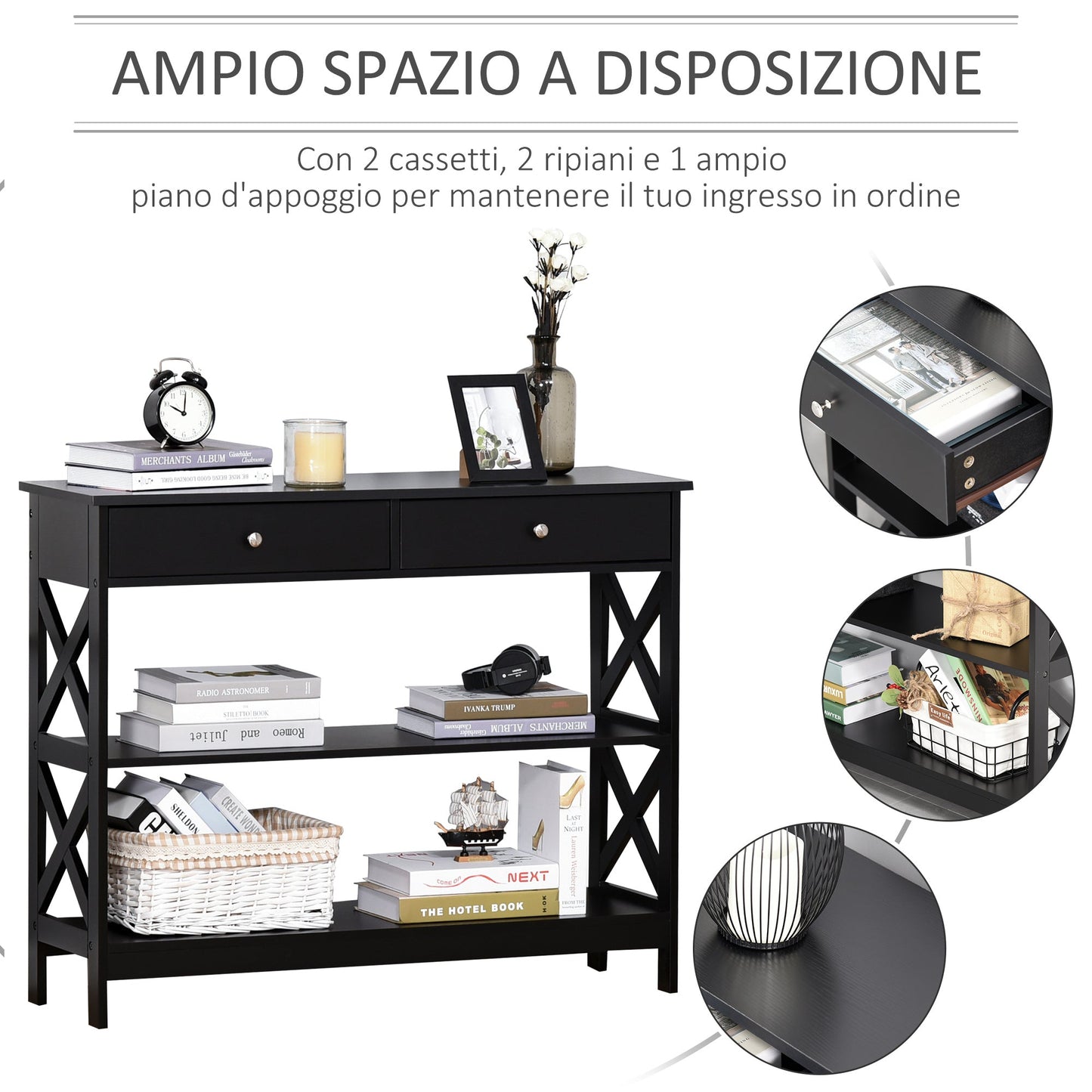 table console with 2 drawers and 2 shelves, entrance hall and living room in mdf, 100x30.5x80cm, black - Borgè