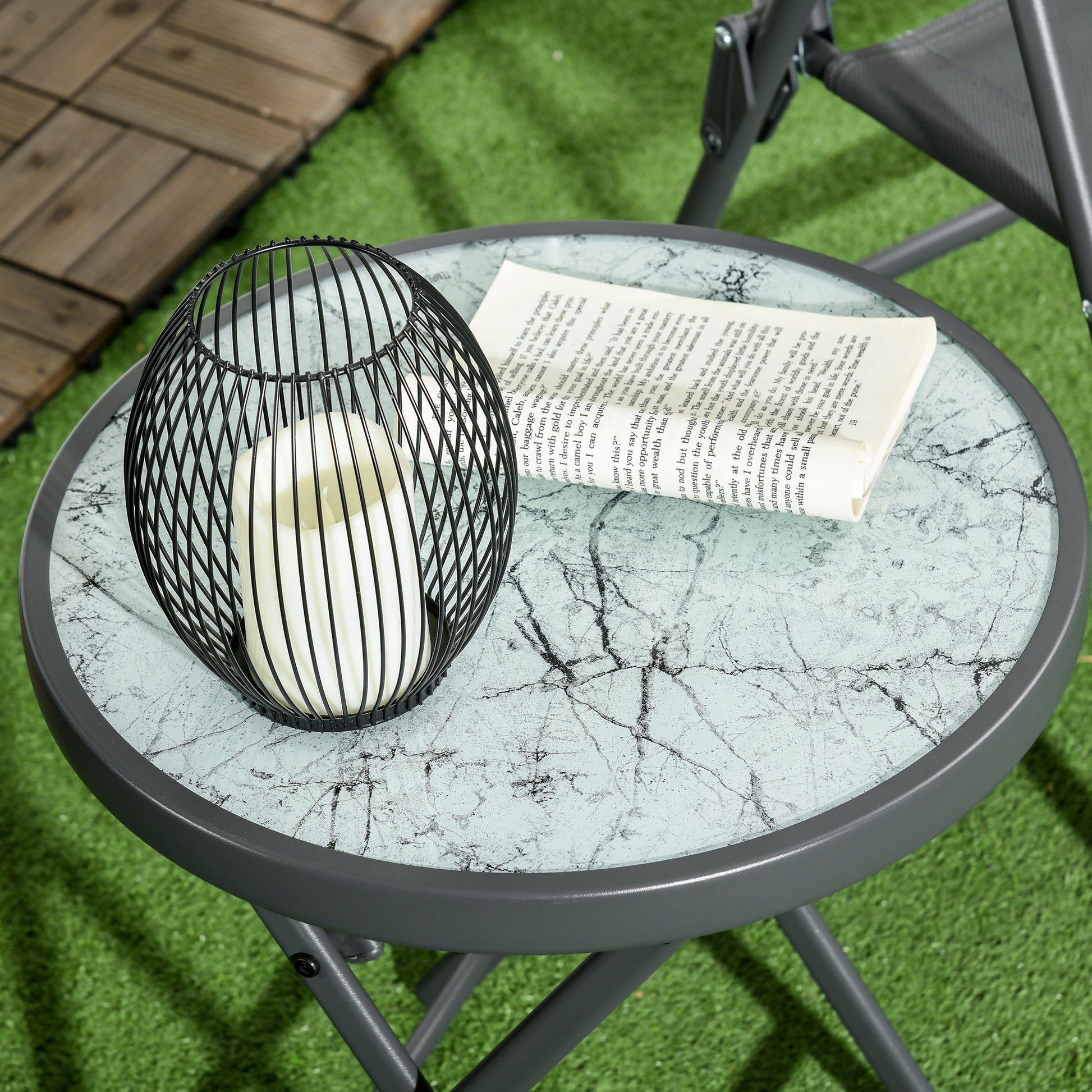 Outsunny coffee table for folding garden with marble effect glass top, Ã˜45x50cm, gray - Borgè