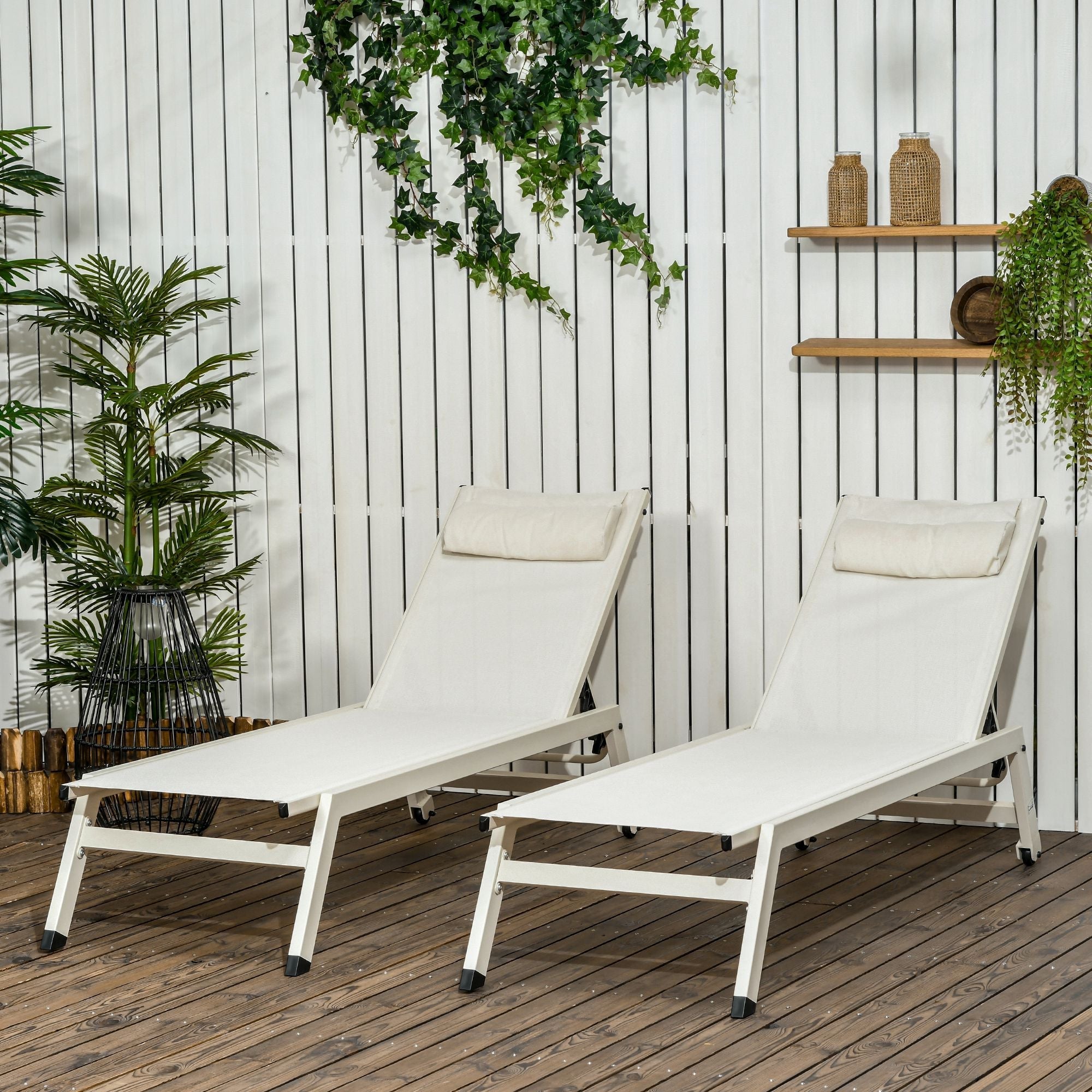 Chaise Longue Reclining Sun Lounger 2pcs in Aluminum and Polyester, 55x195x30 cm, Beige - Borge' Group Limited