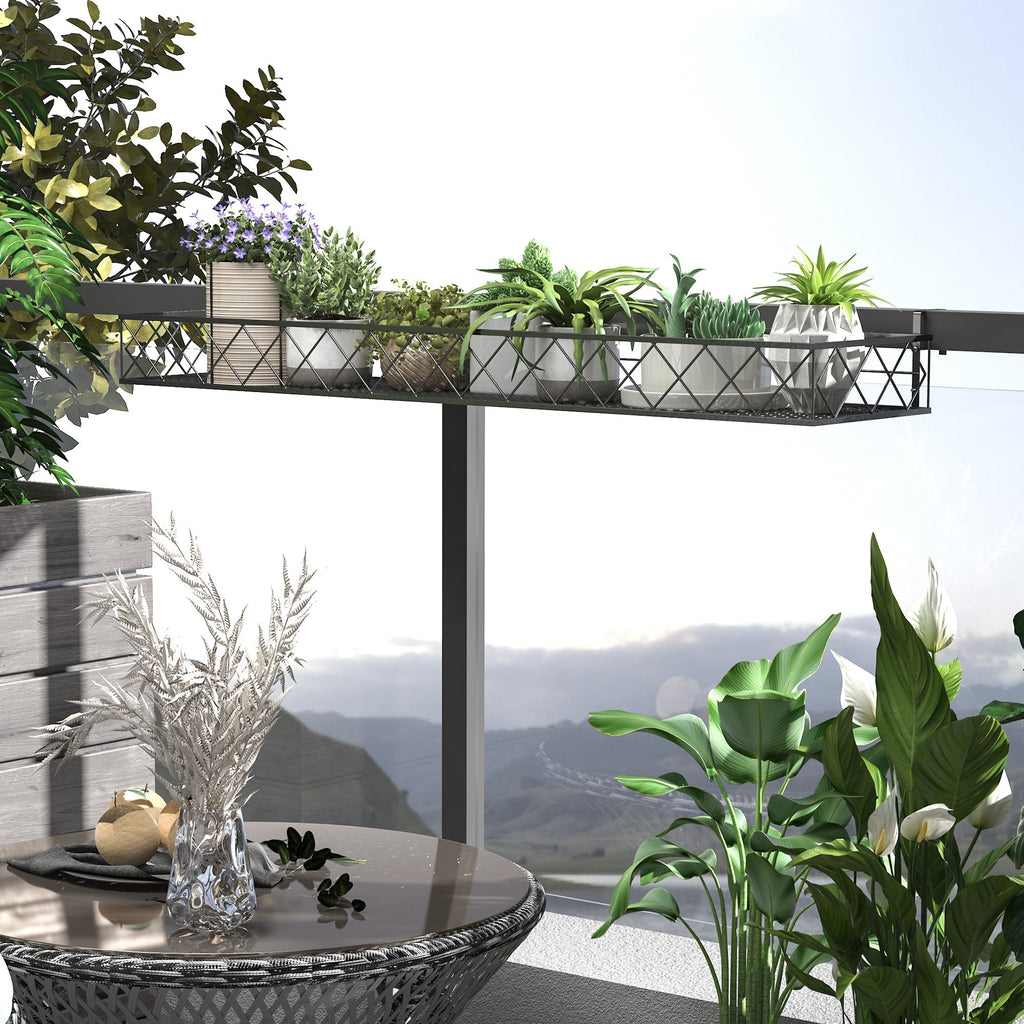Outdoor Planter Pot Holder with Hooks for Balcony Railing in Metal, 100x31x12cm, Black - Borge' Group Limited