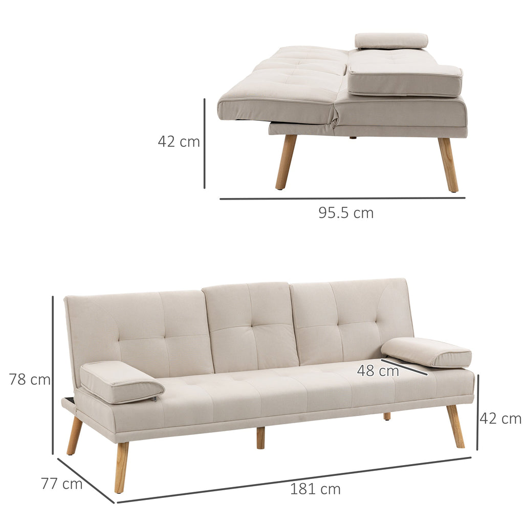Reclinable 3 -seater sofa bed with linen effect coating and folding table, beige - Borgè