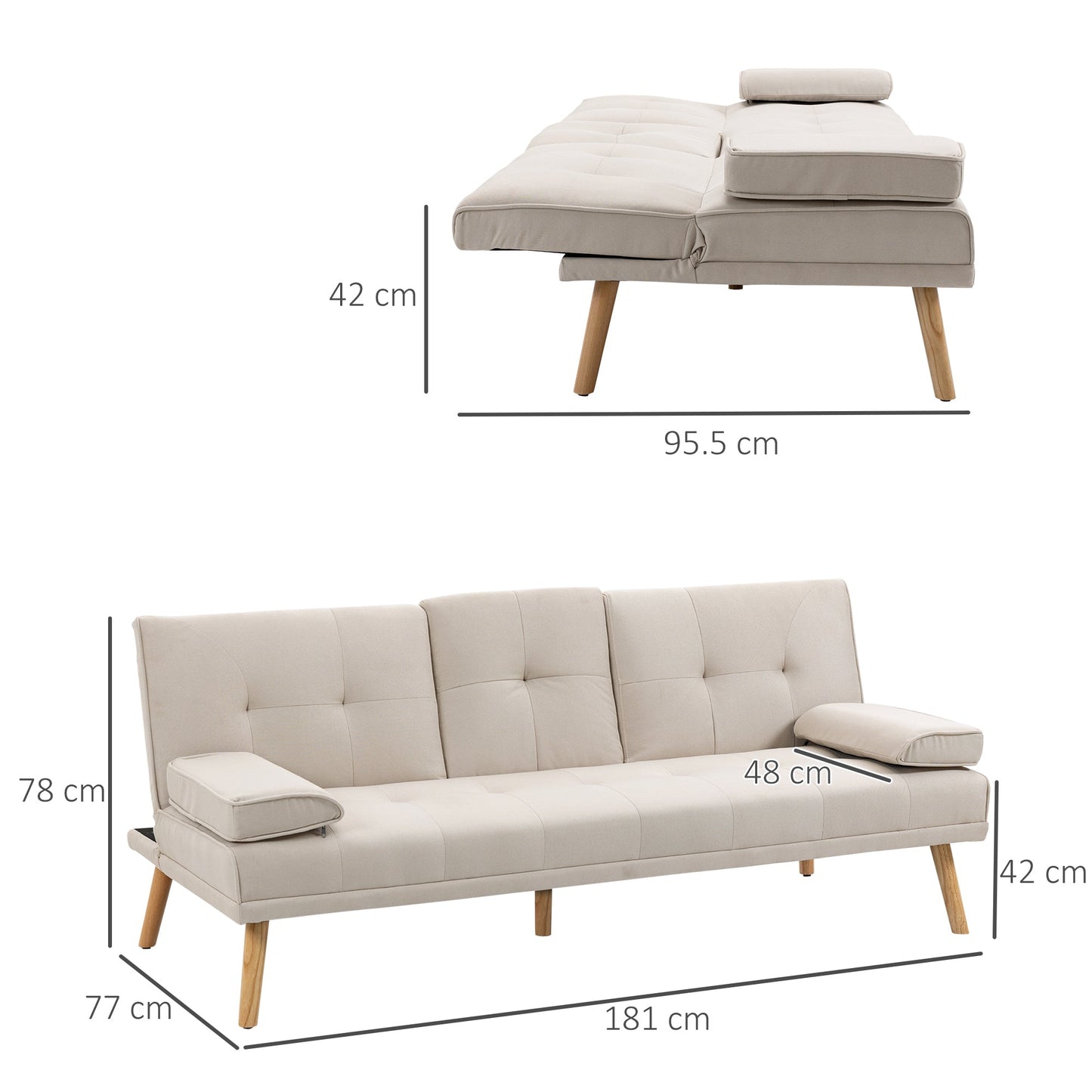 Reclinable 3 -seater sofa bed with linen effect coating and folding table, beige