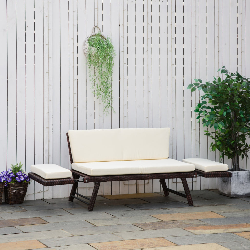 2 Seater Sofa with Extendable Armrests for Garden Rattan 129x63x67cm White, Brown - Borge' Group Limited