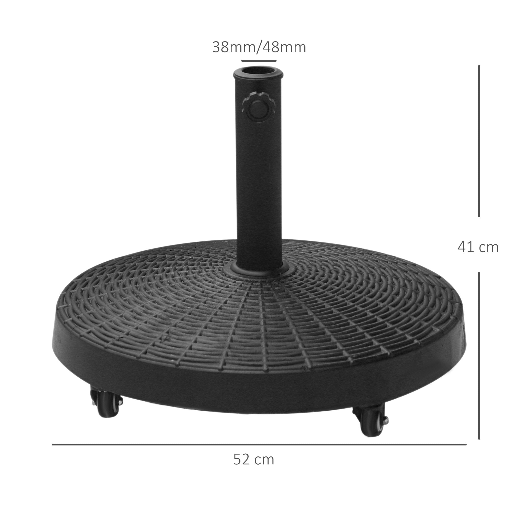 Round Garden Umbrella Base with 4 Wheels and Brakes, Metal and Resin Umbrella Base, for Ø38/48 mm Umbrella Poles, Ø52x41 cm, Black - Borge' Group Limited