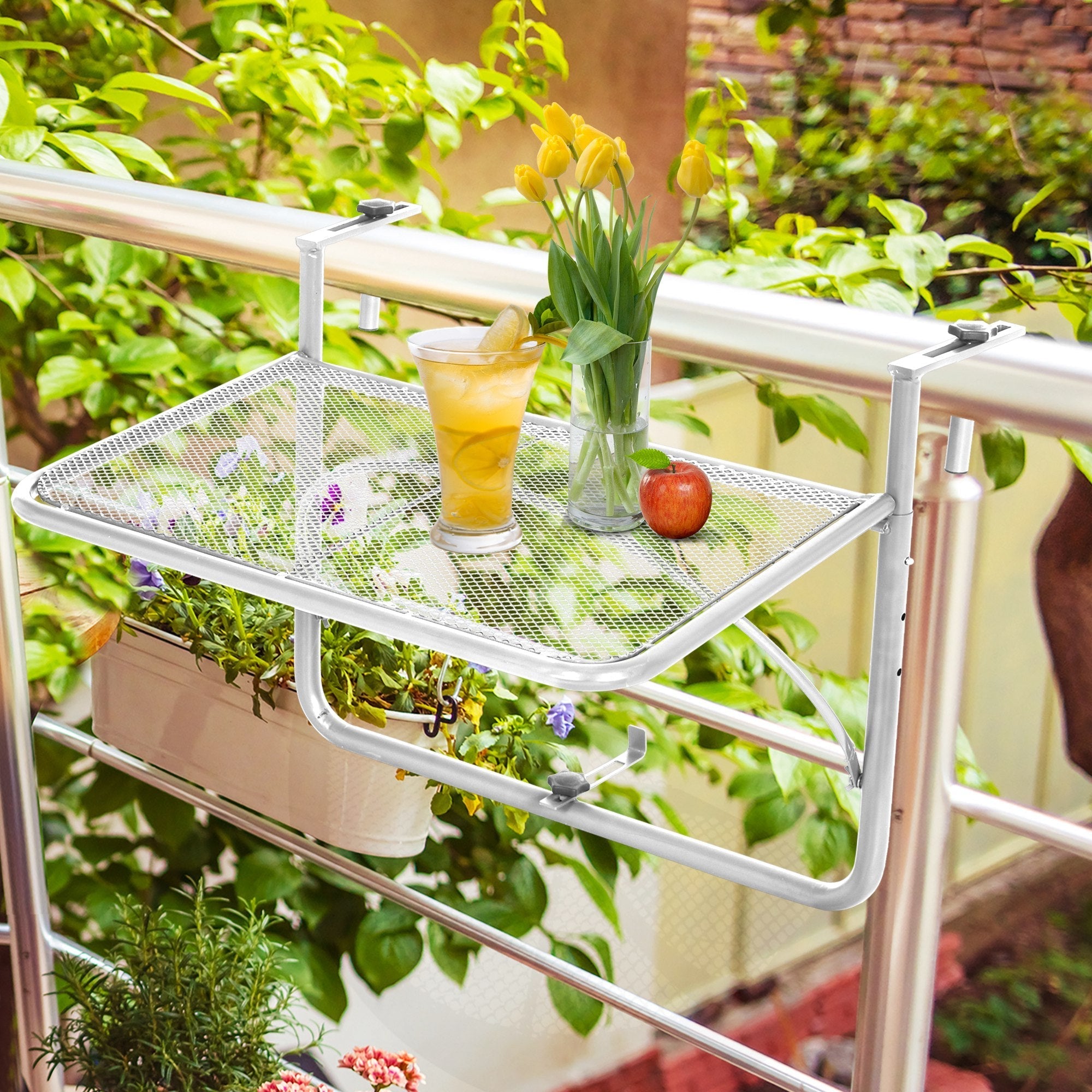 3-Tier Adjustable Height Railing Table with Hooks, Metal, 60x56.5x45 cm, White - Borge' Group Limited