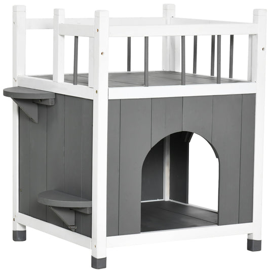 PAWHUT Kennels FOR EXTERNAL Cats with 2 inputs, 2 steps and 1 balcony, kennel for fir wood cats, 60x46x65 cm, Grey - Borgè