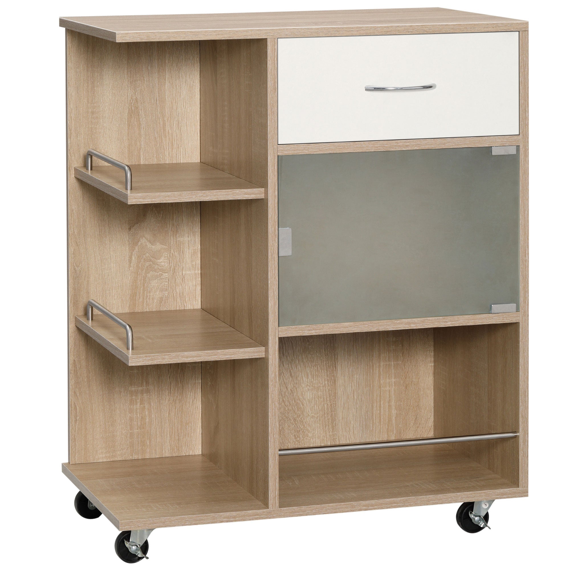 Kitchen Trolley spirits with drawer, shelves and wooden cabinet, steel and glass, 65x39x80cm - Borgè