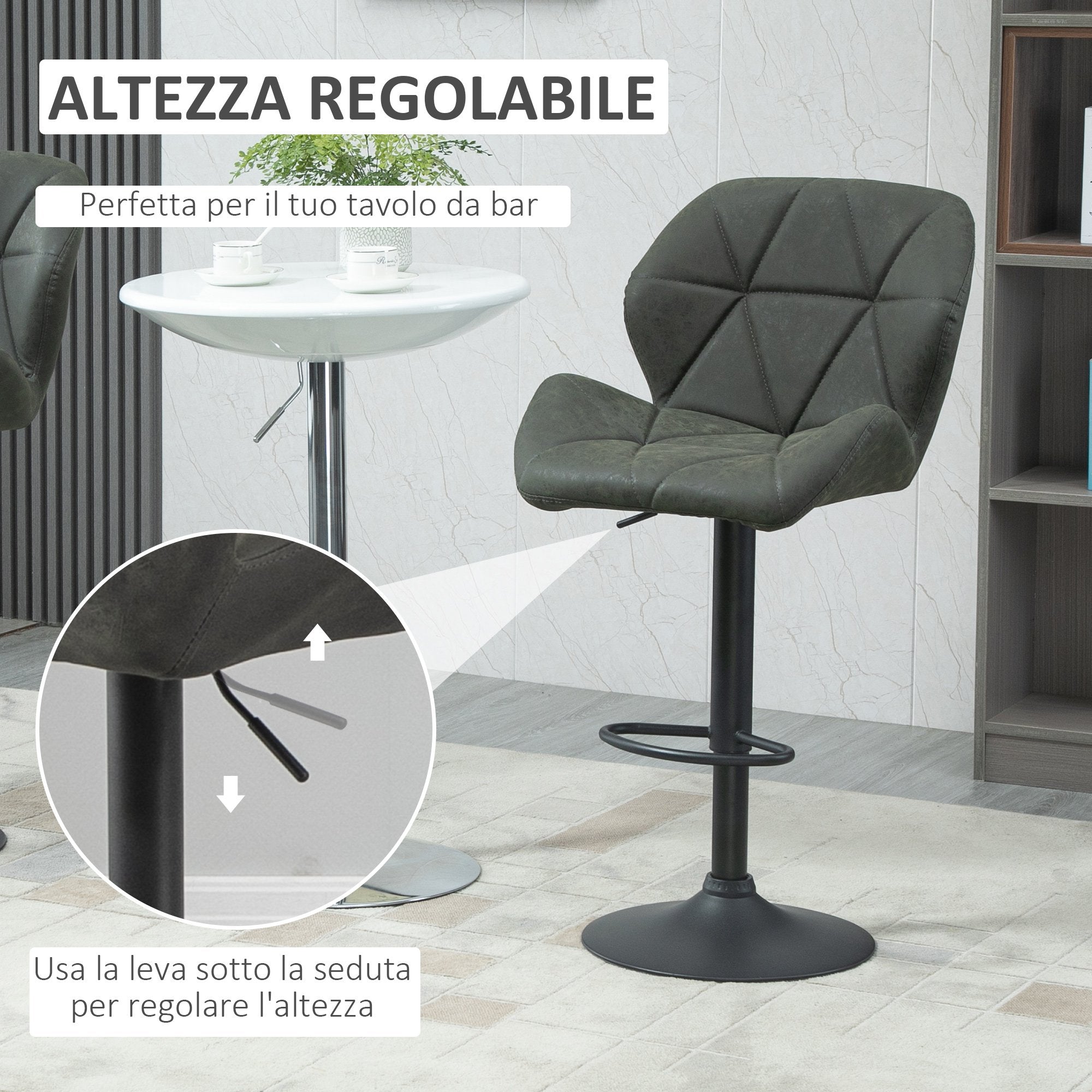 Set 2 swivel bar stools with adjustable height, similar coating and round base - military green - Borgè