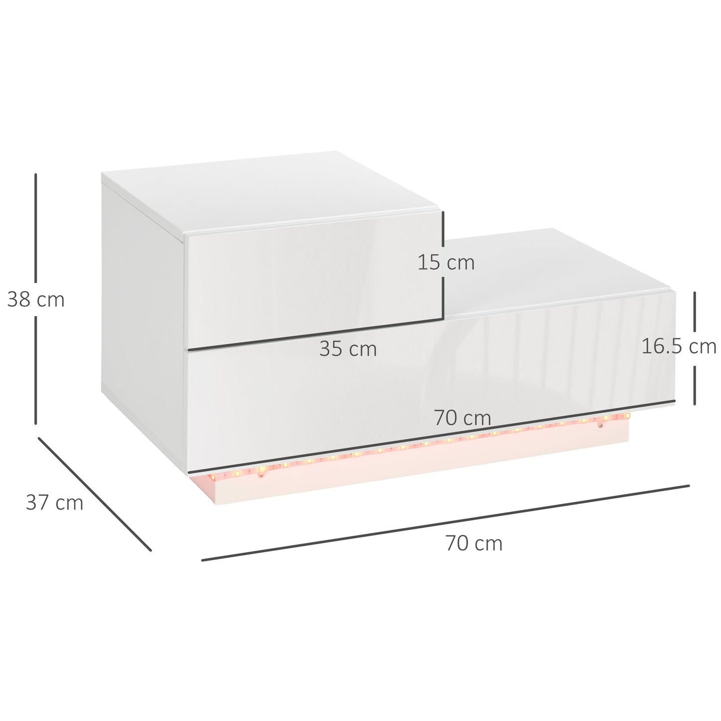 Homcom Modern bedside table with 16 RGB LED lights, remote control and two trooped drawers, 70x37x38cm, white - Borgè