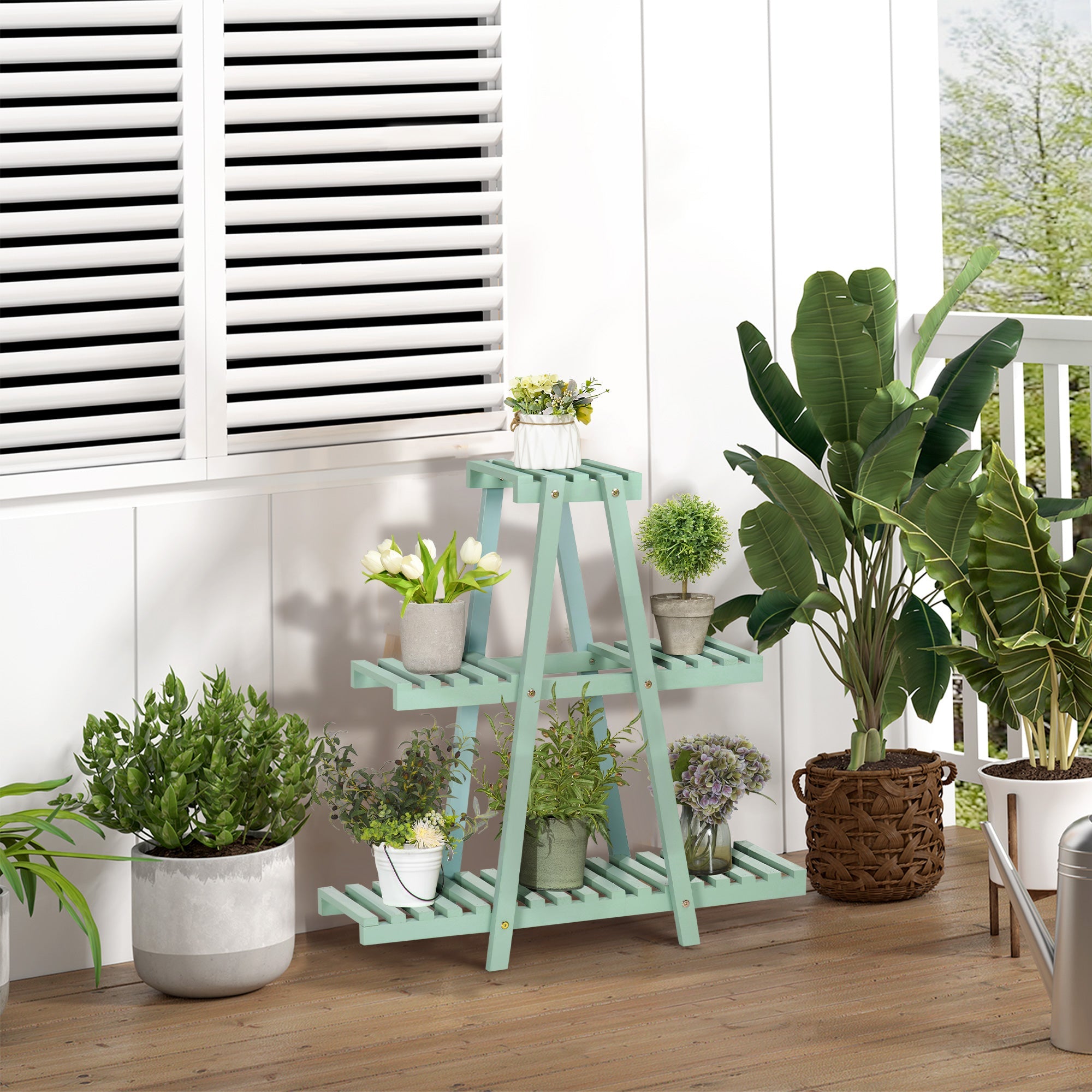 3-Tier Indoor Outdoor Fir Wood Plant Stand, 76x26x76cm, Light Green - Borge' Group Limited