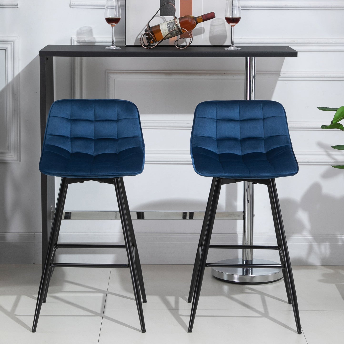 Set of 2 Bar Stools with Backrest and Footrest, Nordic Style High Upholstered Chairs in Metal and Velvet, Blue, 45x47x88cm - Borgè