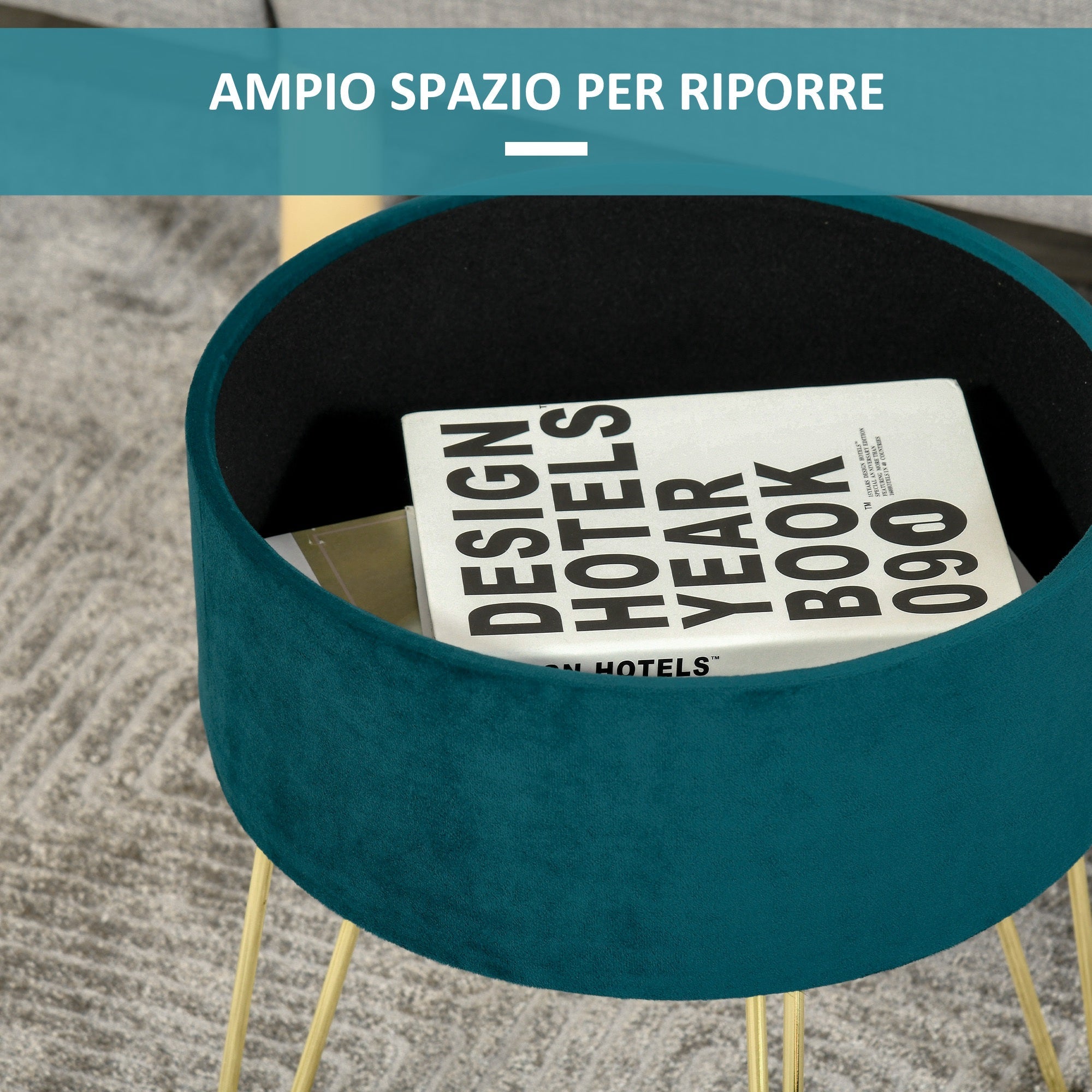 round stool with green velvet container and gold 36x36x45cm - Borgè