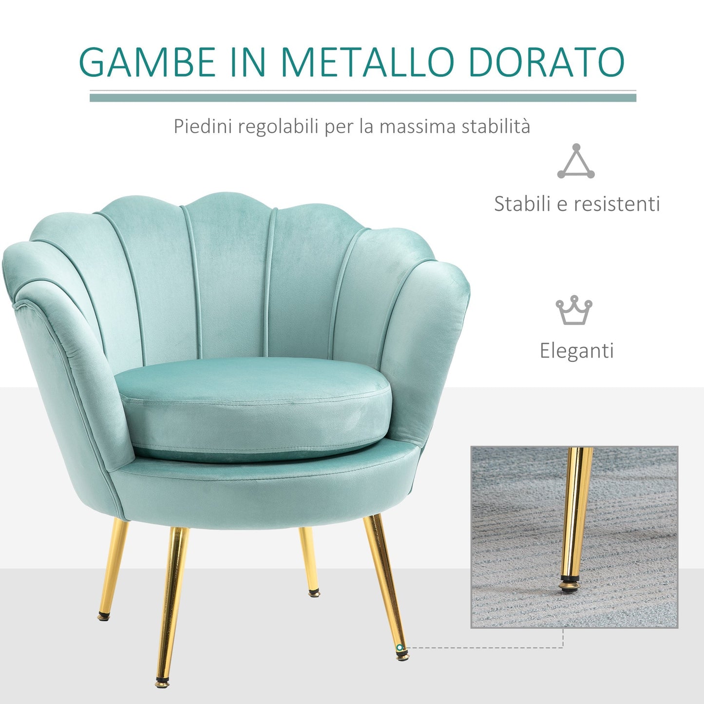 SEASHELL Design Light Green Velvet Chamber Armchair With Back | 76x67x74cm - Borgè