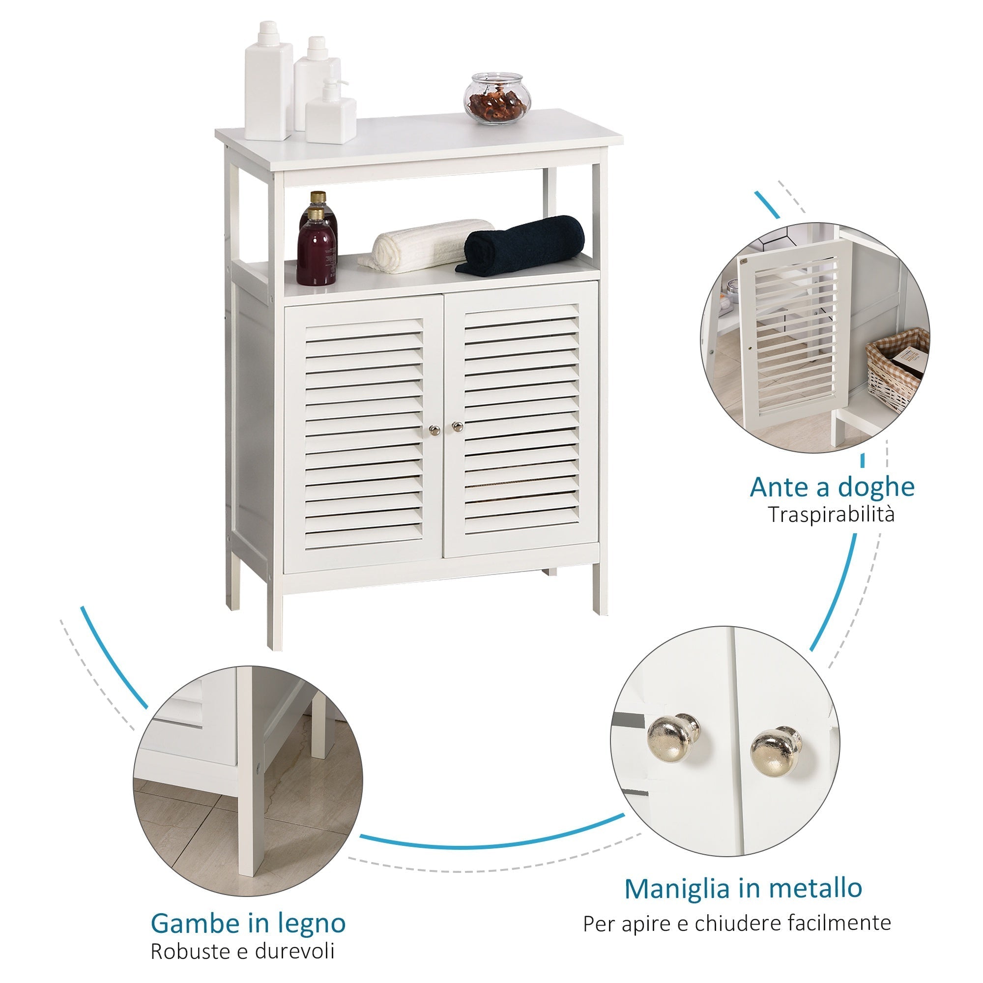 Kleankin Waterproof bathing cabinet with 2 shelves and white MDF locker - Borgè