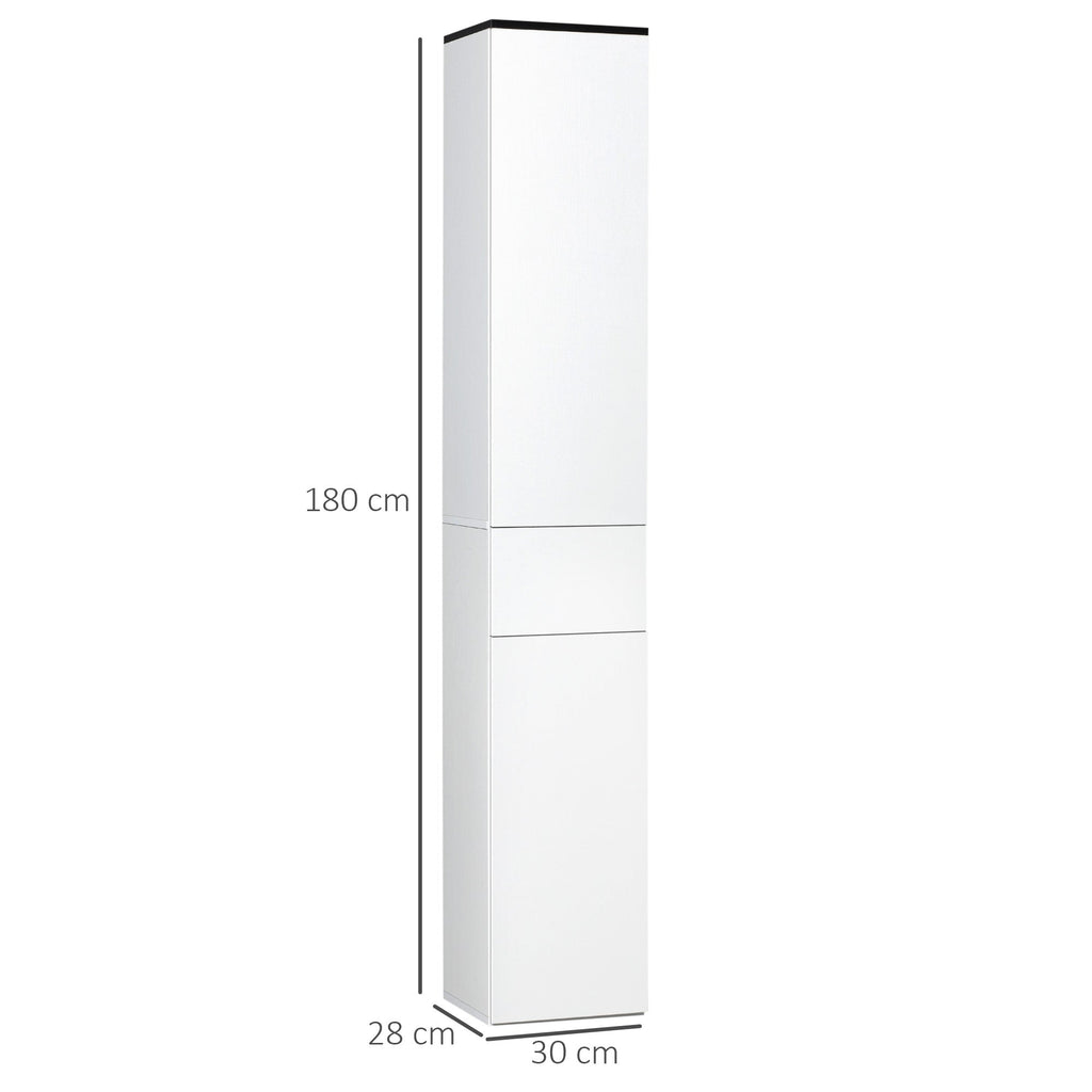 Kleankin Bathroom cabinet with adjustable shelf, 2 closed shelves and a wooden drawer, 30x28x180 cm, white - Borgè