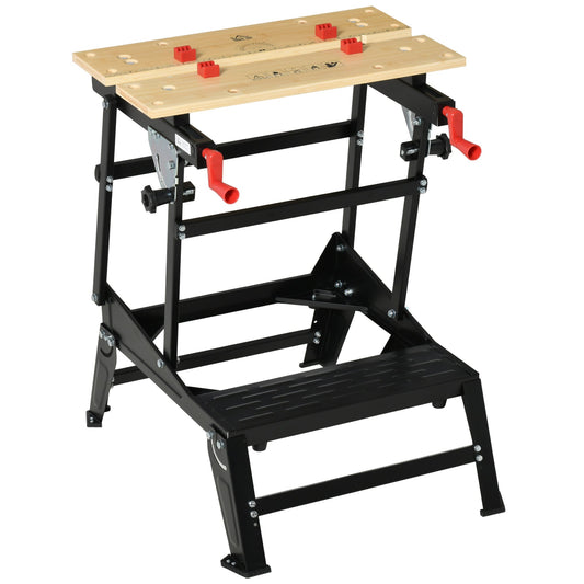 Folding workbench with adjustable height, 4 terminals and tools for tools - black