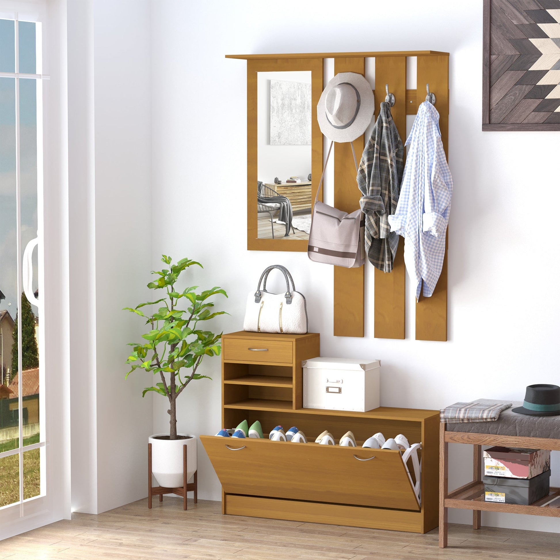 Homcom Mobile Wardrobe Adjustable Scarp and Mirror With Hanging 6 hooks for entrance and bedroom 90x22x116cm wood - Borgè