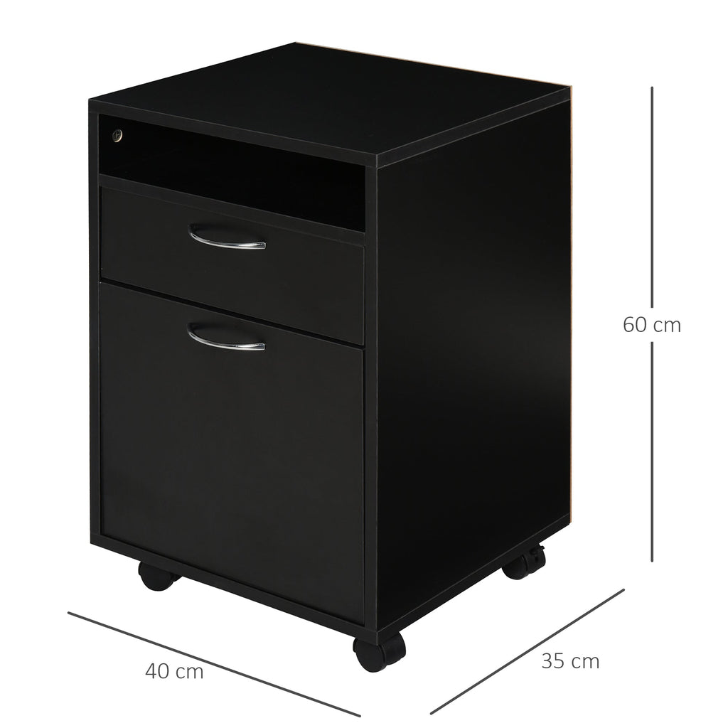 Black Wooden Office Boarding Drawer with 2 drawers, 4 hominidirectional wheels, 40 x 35 x 60cm - Borgè
