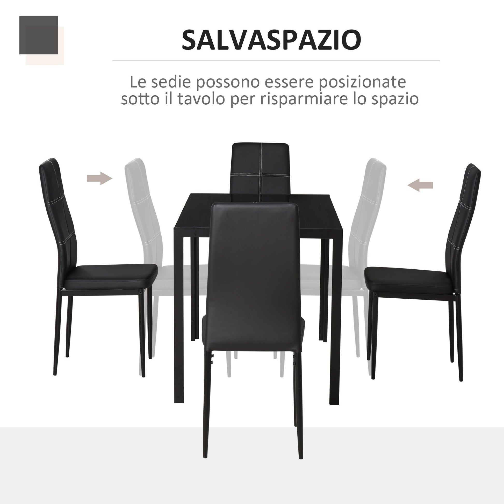 Set 5 pieces with 1 table and 4 kitchen chairs or dining room in the same -like, metal and tempered glass, black - Borgè