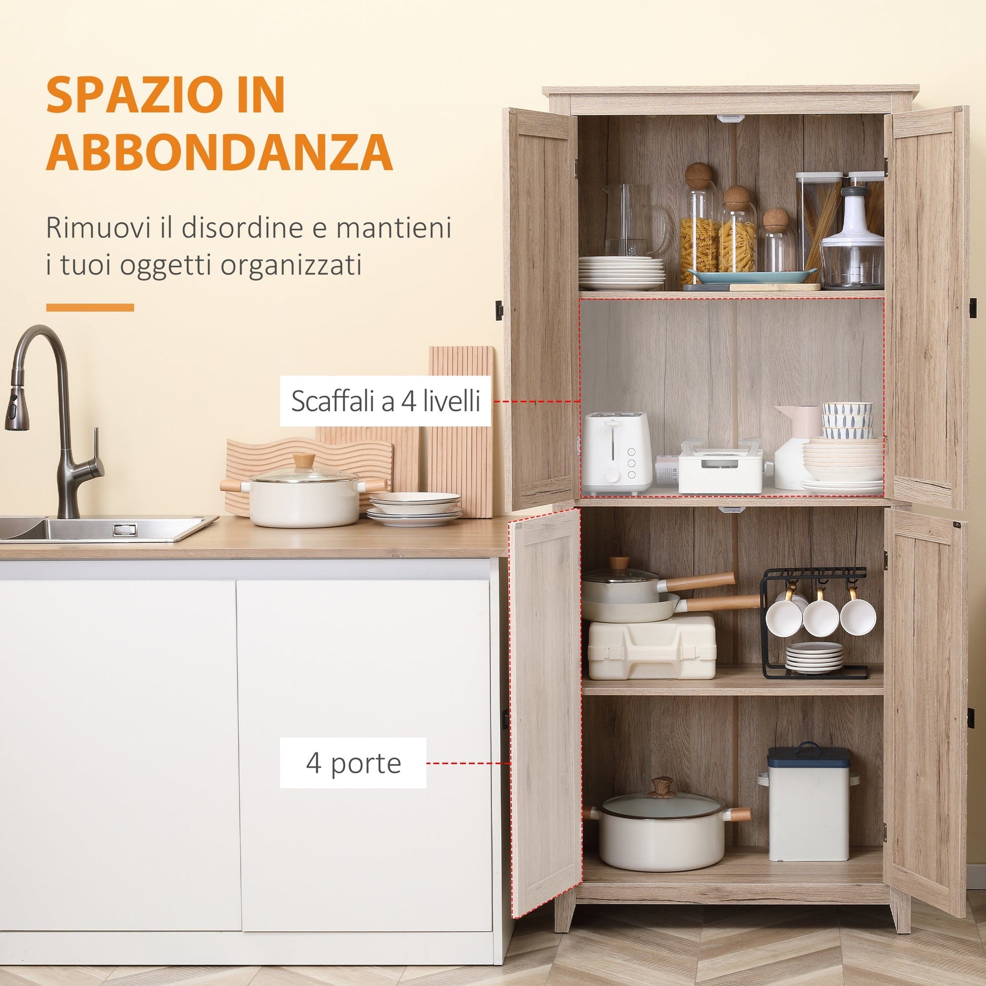 Mobile 4 doors kitchen with adjustable shelves and raised wooden base 80x40x182cm - Borgè