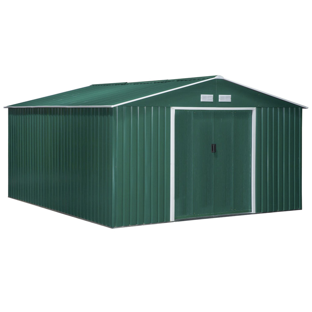 Garden Shed with 2 Sliding Doors and 4 Air Vents in Steel, 340x386x200cm, Green - Borge' Group Limited