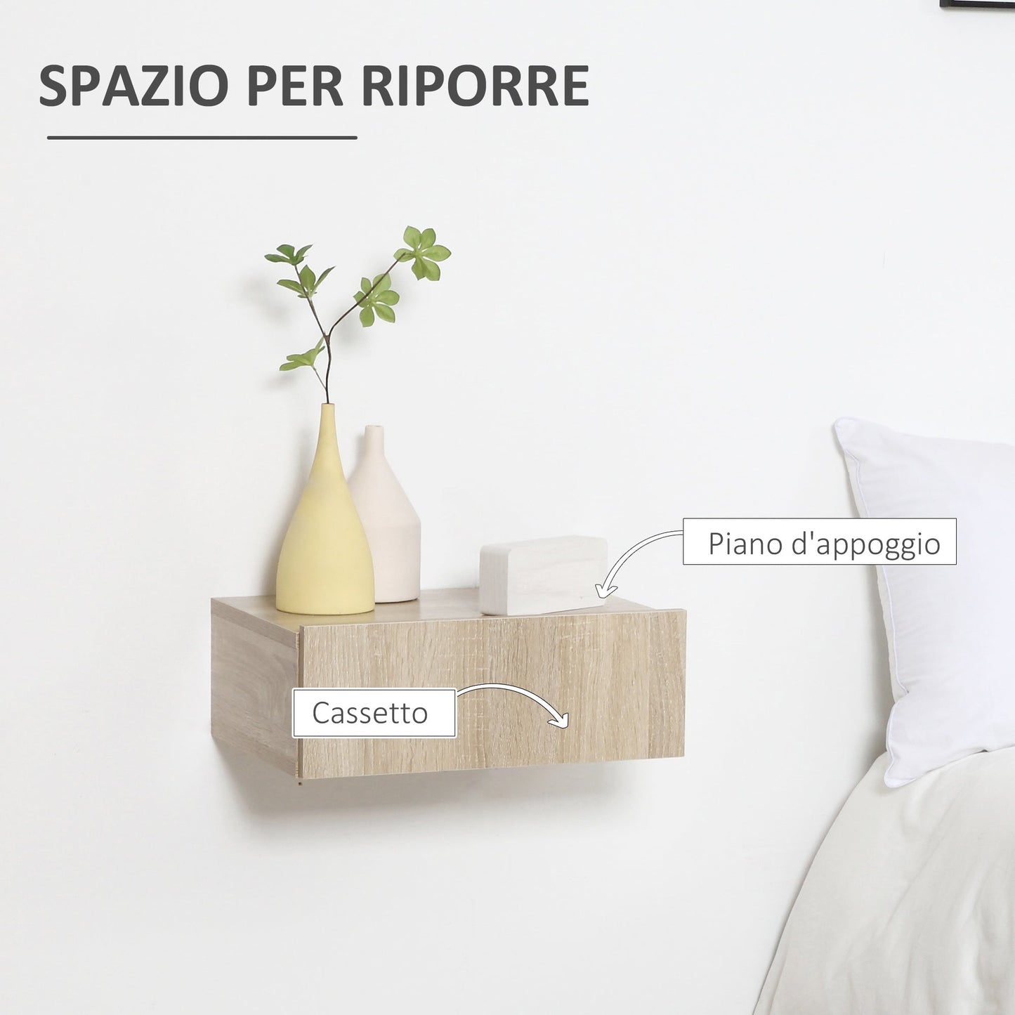 set 2 suspended wooden bedside tables, modern design, 40x30x15cm - wood color