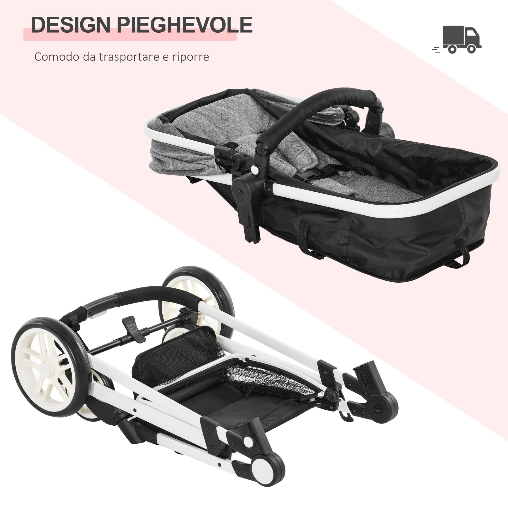 Pram 2 in 1 stroller, for children 0-36 months up to 15kg, folding and adjustable Grey - Borgè