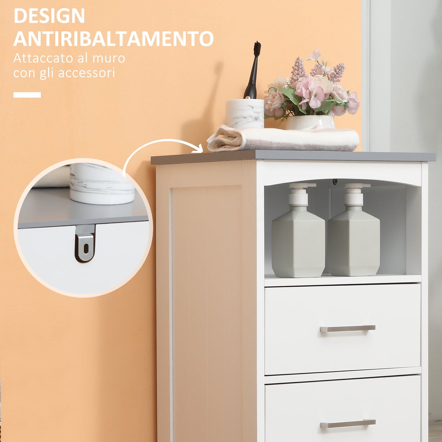 kleankin bathroom cabinet with open shelf and 3 drawers in mdf, 40x33x80cm, white - Borgè