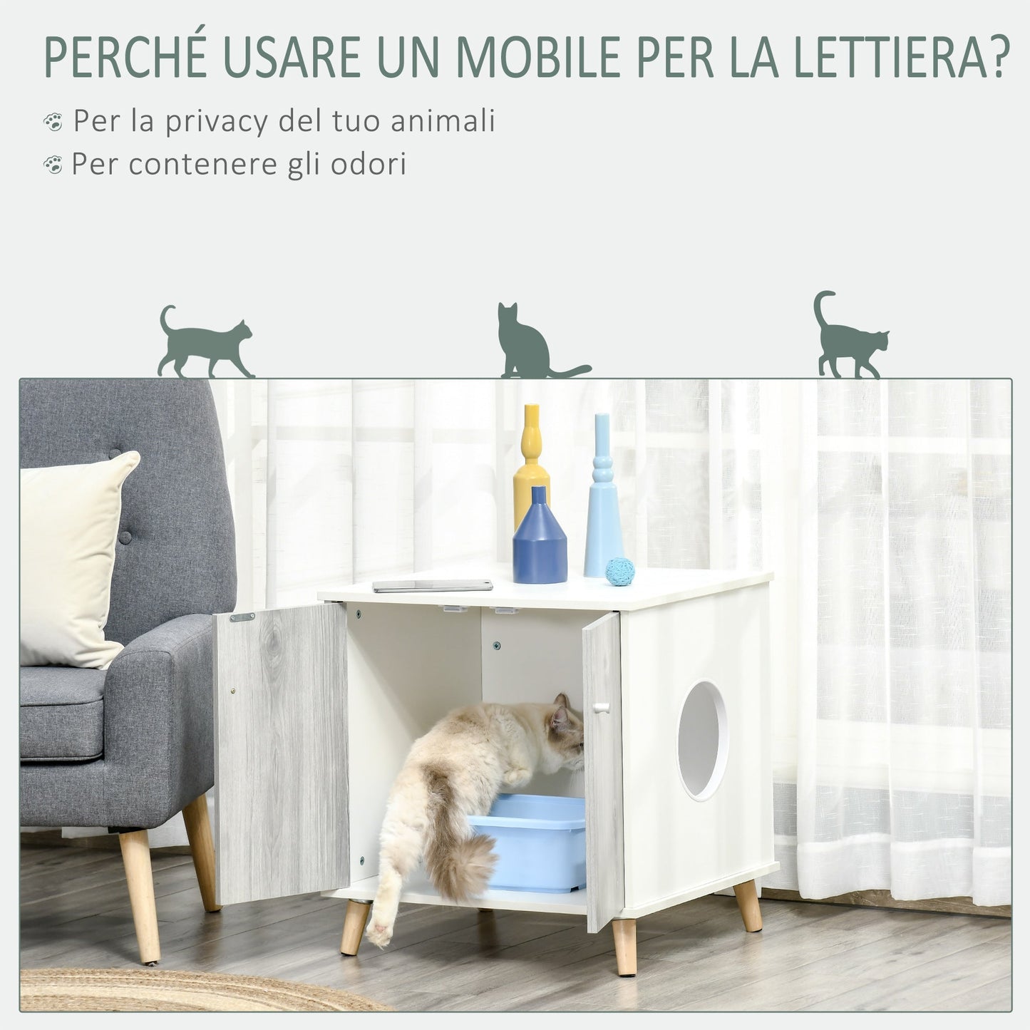 PAWHUT MOBILE WITH CATS FOR 5.5KG WITH 2 doors and side entrance hole, 60x55x62.5cm - White/Grey - Borgè