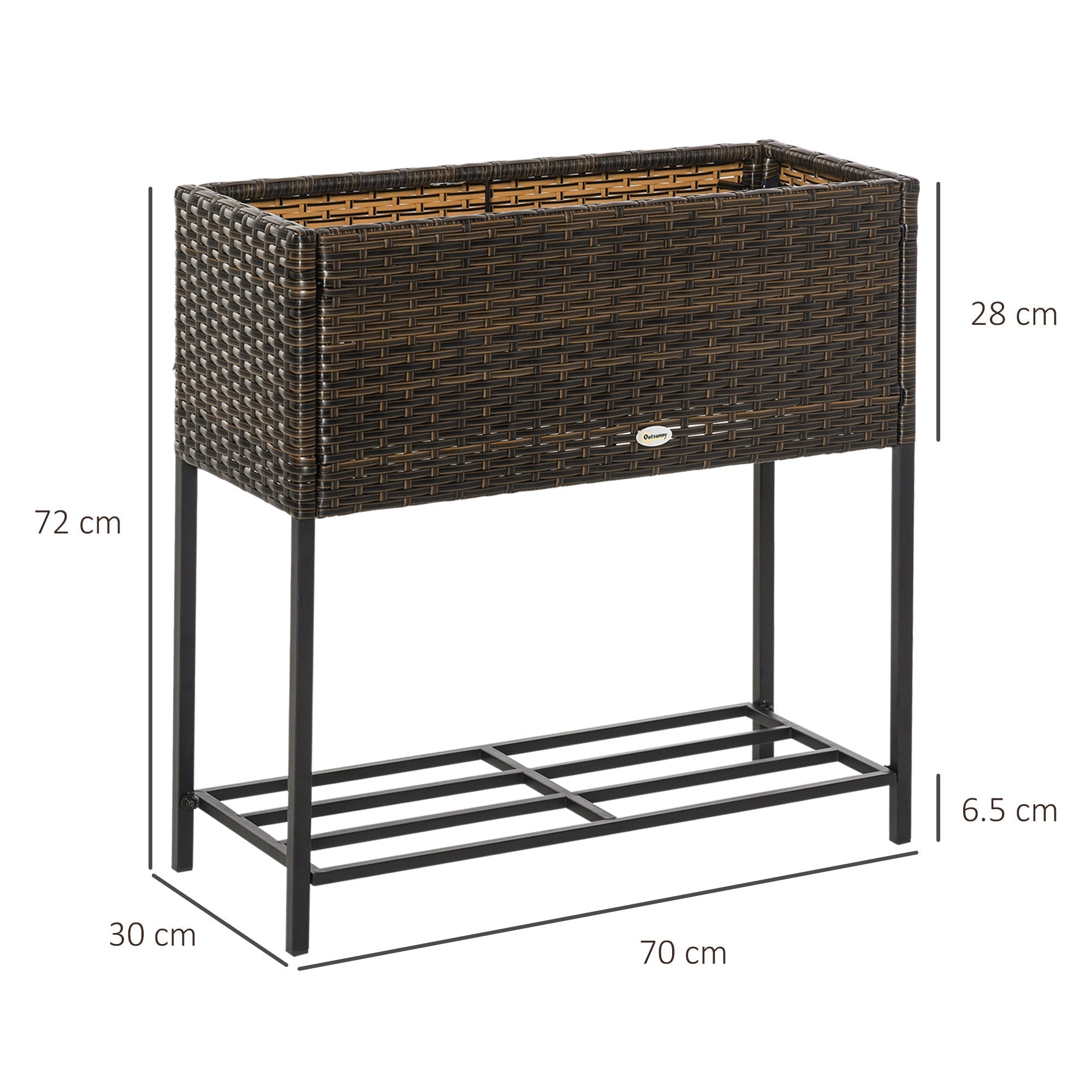 Raised Garden Bed, Wicker-Effect Planter with Shelf, Raised Garden Bed for Indoor and Outdoor Use, Grey (70cm x 30cm x 72cm) - Borge' Group Limited