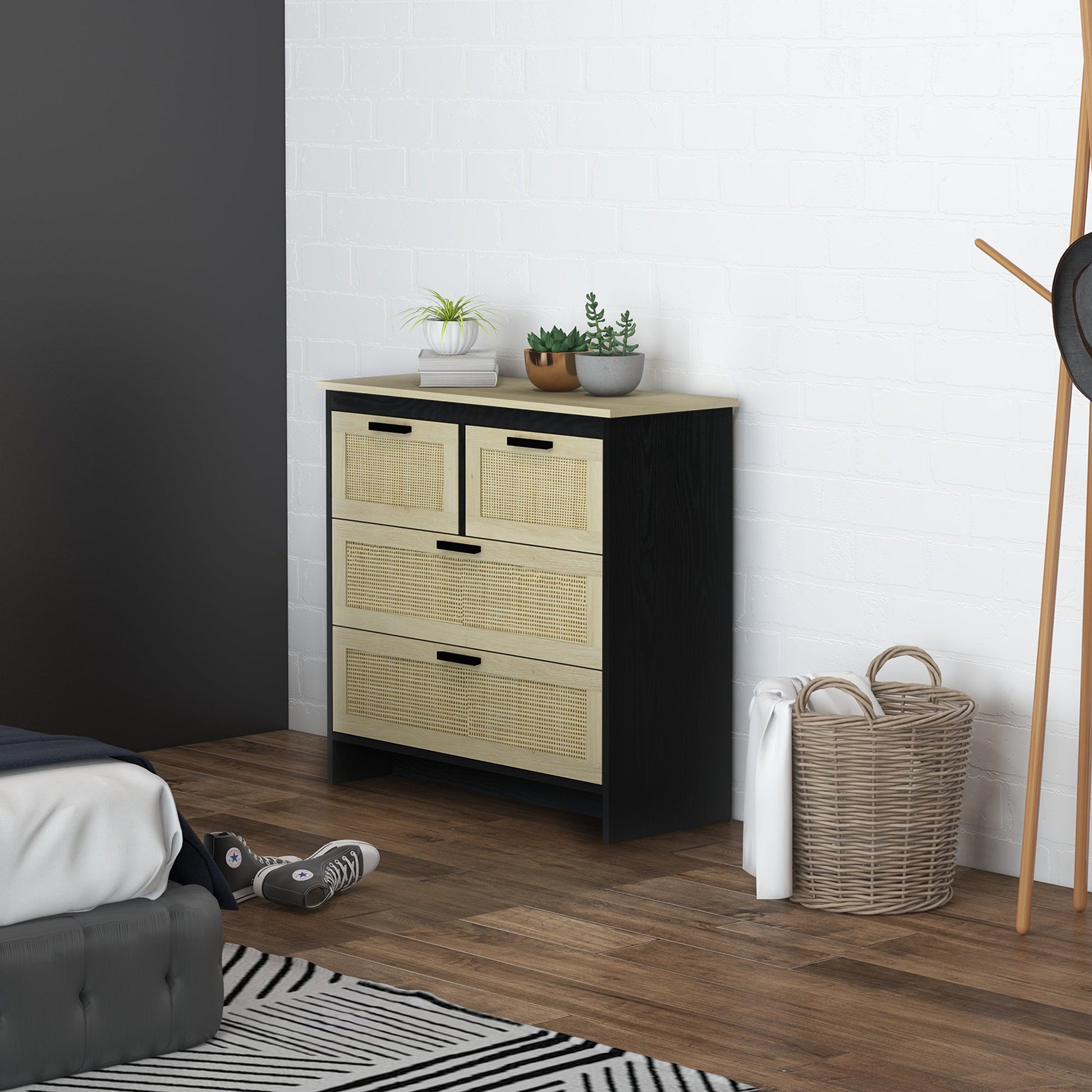 Homcom drawer 4 drawers in chipboard and rattan for living room and bedroom, 80x38x80 cm, black and wooden - Borgè