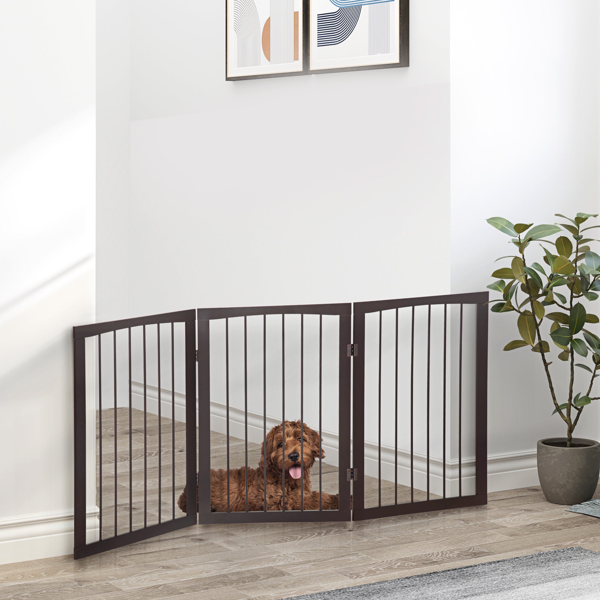 Portable 3 Section Dog Gate Pet Gate Foldable Safety Divider, 160x1.2x76cm, Brown - Borge' Group Limited
